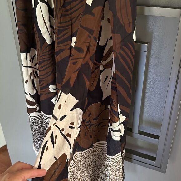 Leaf print wrap pants with fringe one size brown beige black  bathing suit cove - Picture 3 of 5